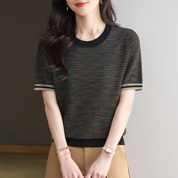 【天丝】花纱圆领小衫薄款短袖女2025新款爆款夏宽松时尚洋气妈妈装