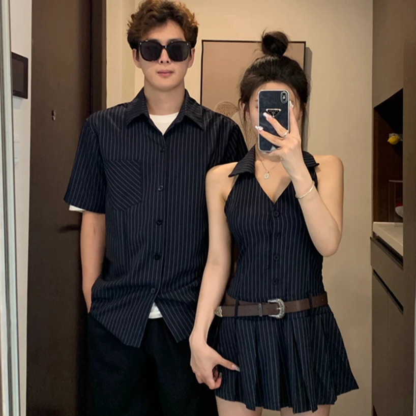 情侣装夏季法式露肩性感辣妹女连衣裙男短袖衬衫一裙一衣夏日穿搭