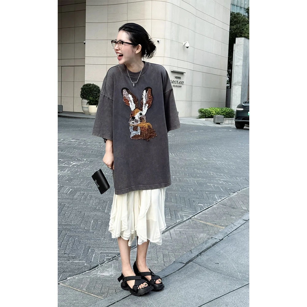 LA CALLA兔兔T手工撕缝做旧水洗重工短袖T恤OY52-2139