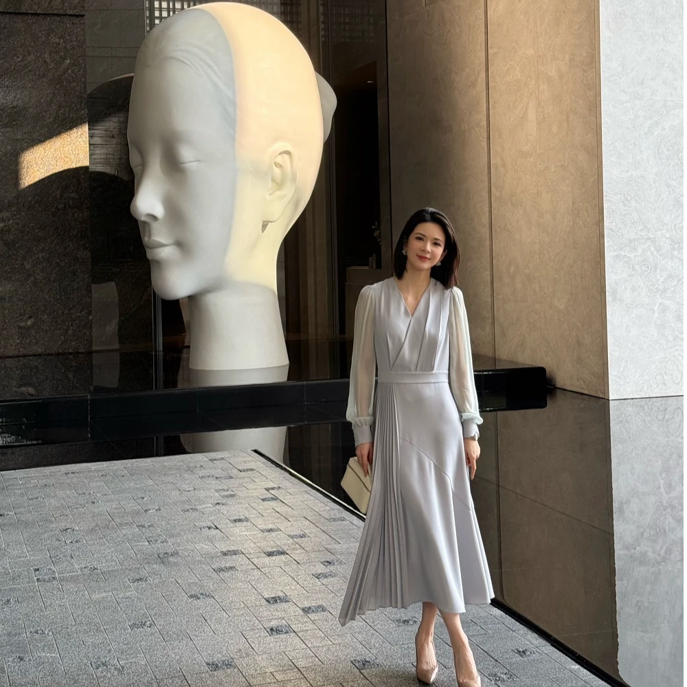 氛围感限定 桑蚕丝压褶25年春款气质显瘦连衣裙#183