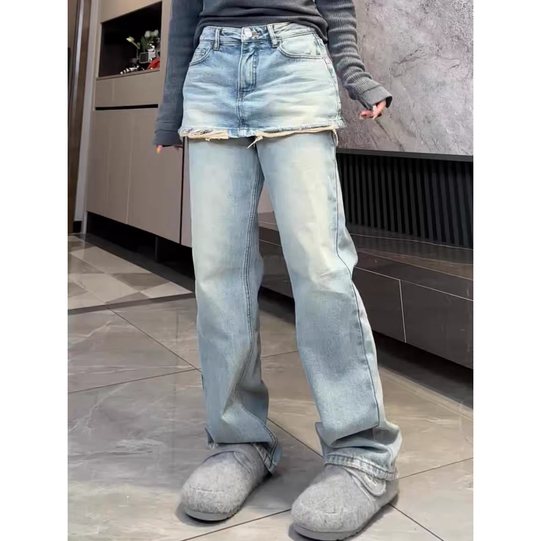 2024秋冬新款高腰直筒水洗做旧牛仔裤