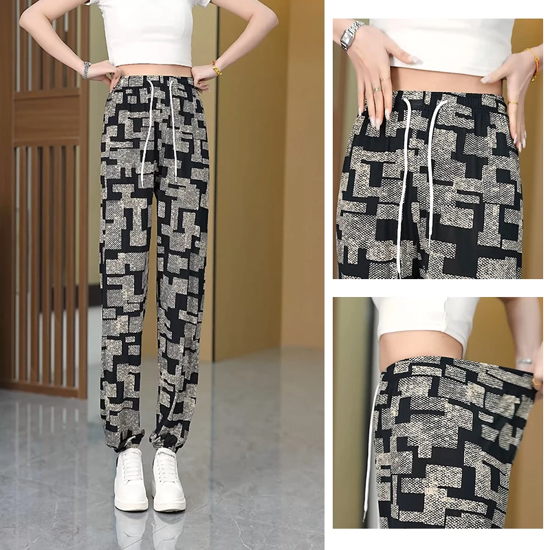 薄款束脚裤显瘦方格哈伦裤大码休闲裤夏季长裤中老年妈妈宽松外穿