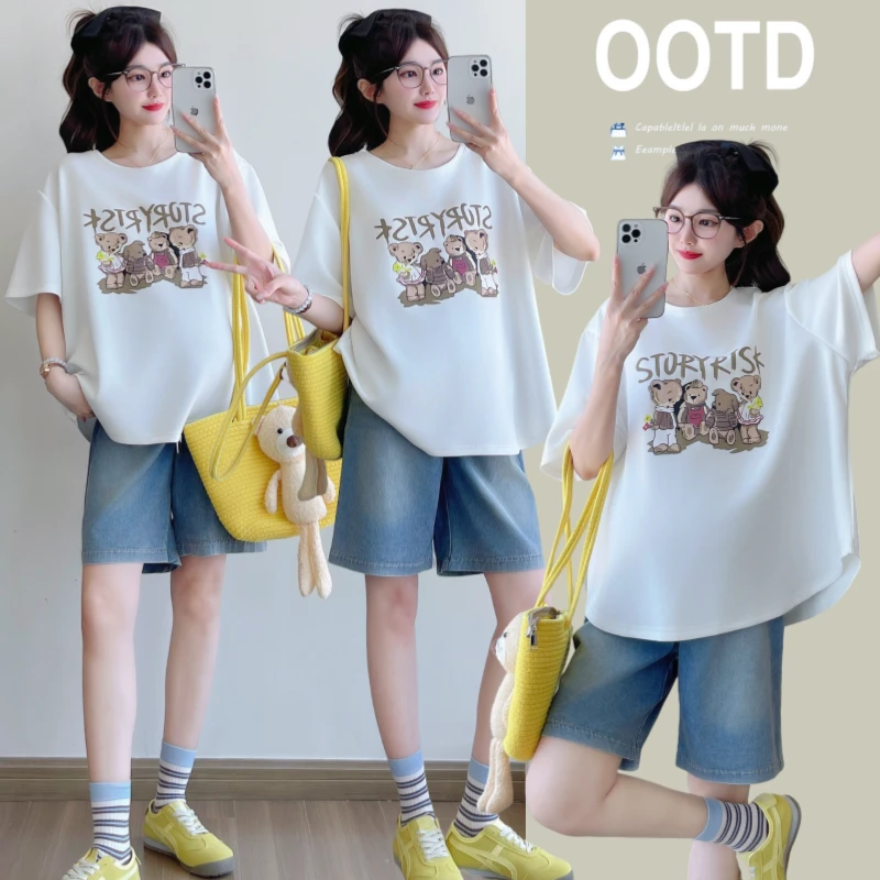 小个子孕妇装夏季2025新款遮肚子不显怀宽松显瘦短袖卡通图案T恤