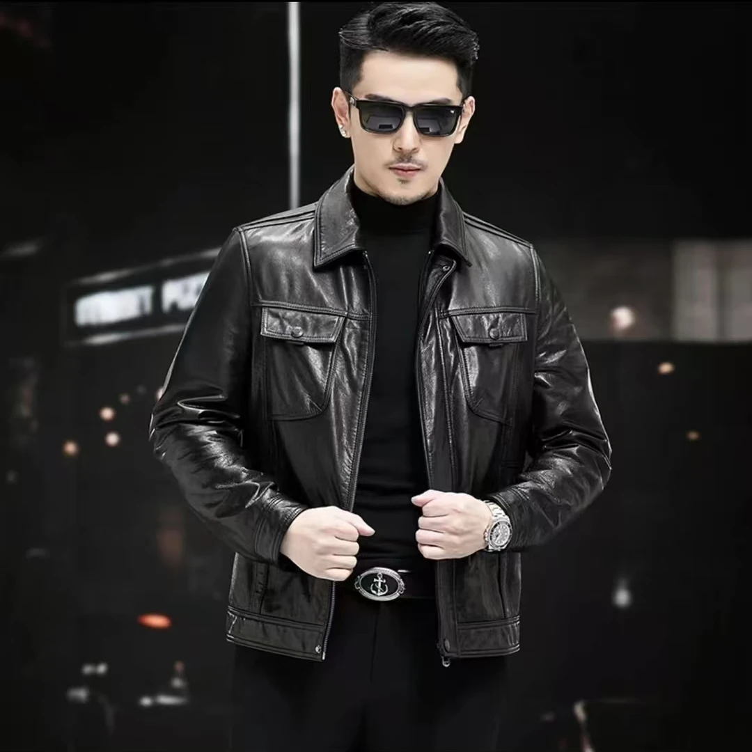 【头层小牛皮】春秋款油蜡牛皮真皮皮衣男士短款夹克时尚AZN2347