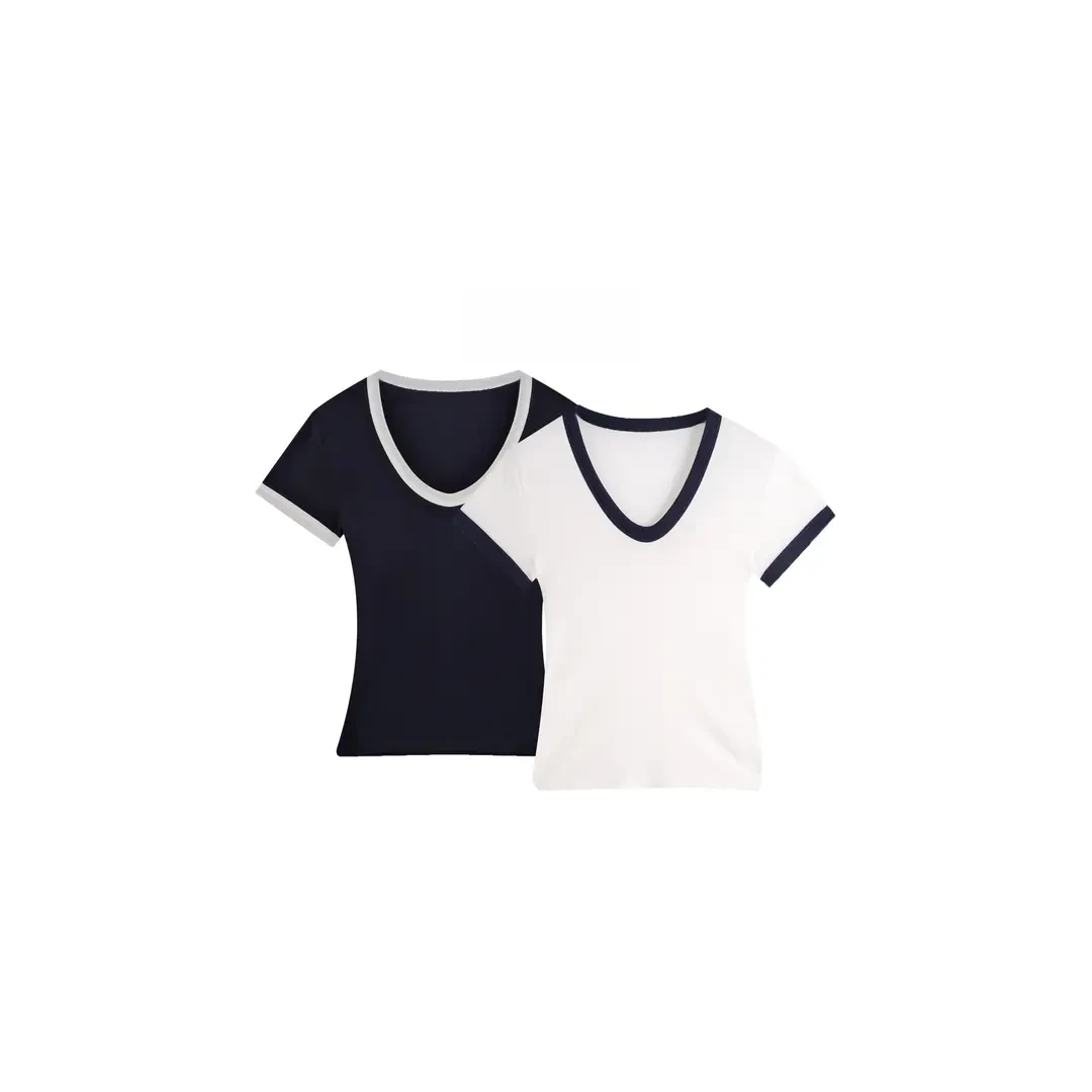 【专柜品质】"拼色计划"春夏拼色软糯U领女款短袖打底衫