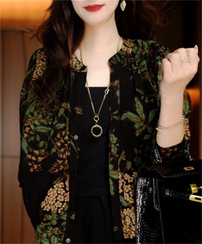 春夏衬衫开衫女时尚显瘦优雅洋气气质休闲印花百搭衬衫V24Q405