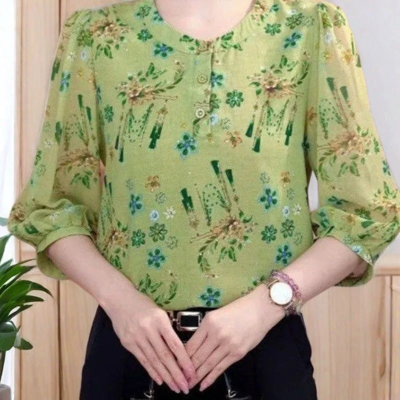 时尚休闲洋气七分袖衬衫女夏季新款气质小衫减龄宽松显瘦印花上衣