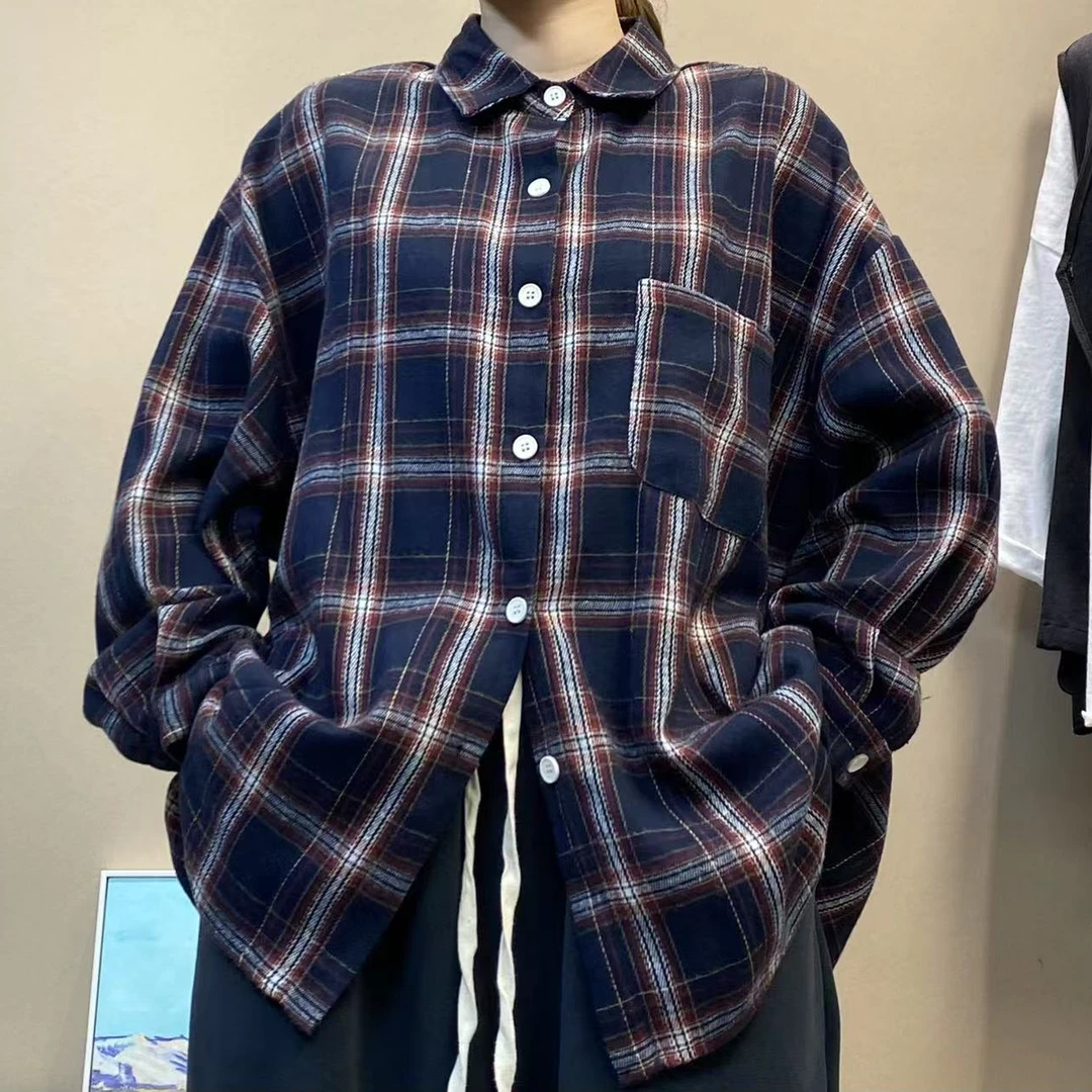 春款复古蓝红格衬衫女宽松