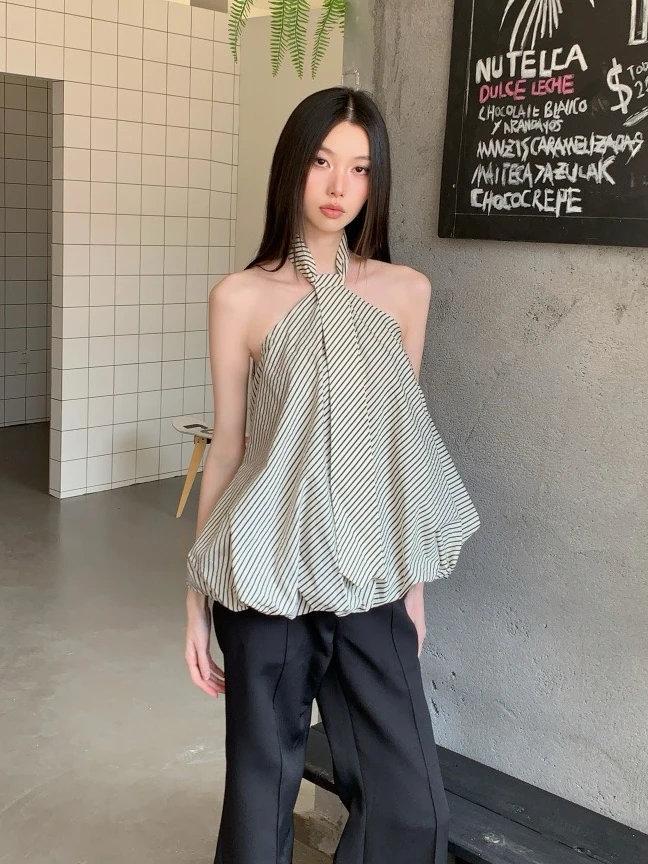 MOONSEE辣妹条纹挂脖领带云朵吊带女设计感小众极简百搭短款上衣