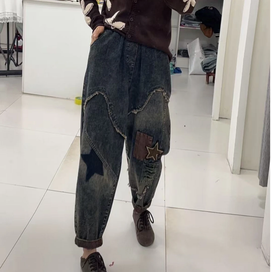 小景推荐 M92欧版五角星拼接牛仔老爹裤-8526