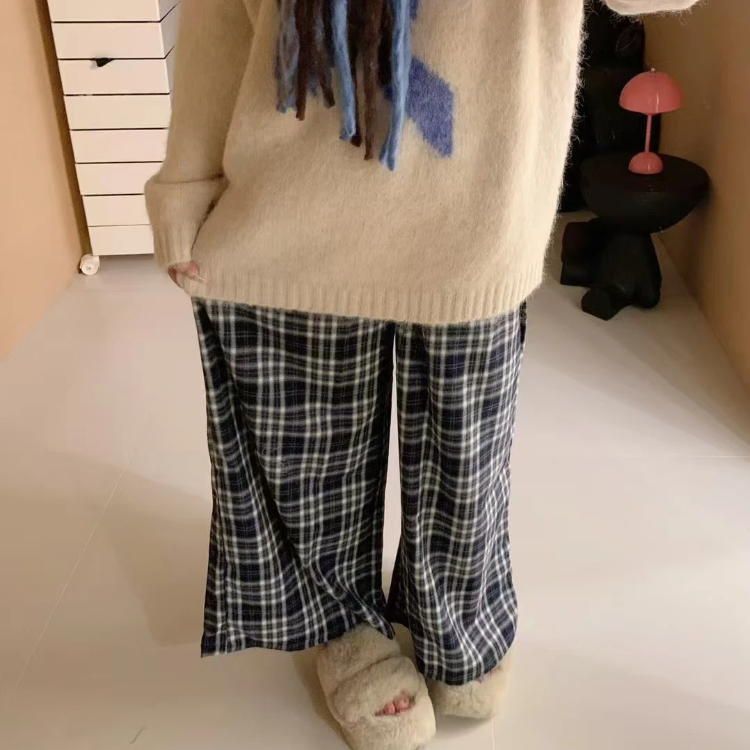 慧芝huizhi 4207排扣毛呢格子裤 档口款松紧腰阔腿格子休闲懒人裤