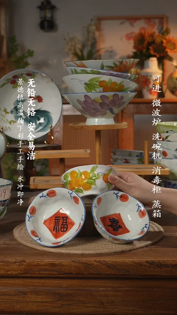瓷景德镇高温瓷釉下彩手绘陶瓷3只