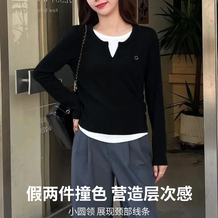 圆领假两件打底衫女收腰褶皱长袖上衣春季新款修身高级感内搭小众
