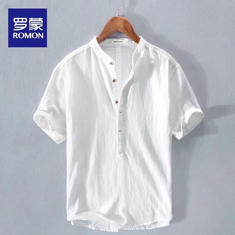 罗蒙2025新款棉麻短袖衬衫男夏季薄款亚麻宽松休闲衬衣立领T恤男