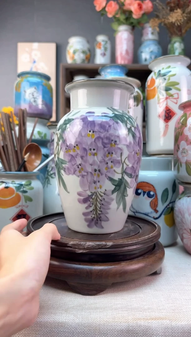瓶景德镇手绘花器底部无孔内部无釉陶泥材质高温瓷釉下彩