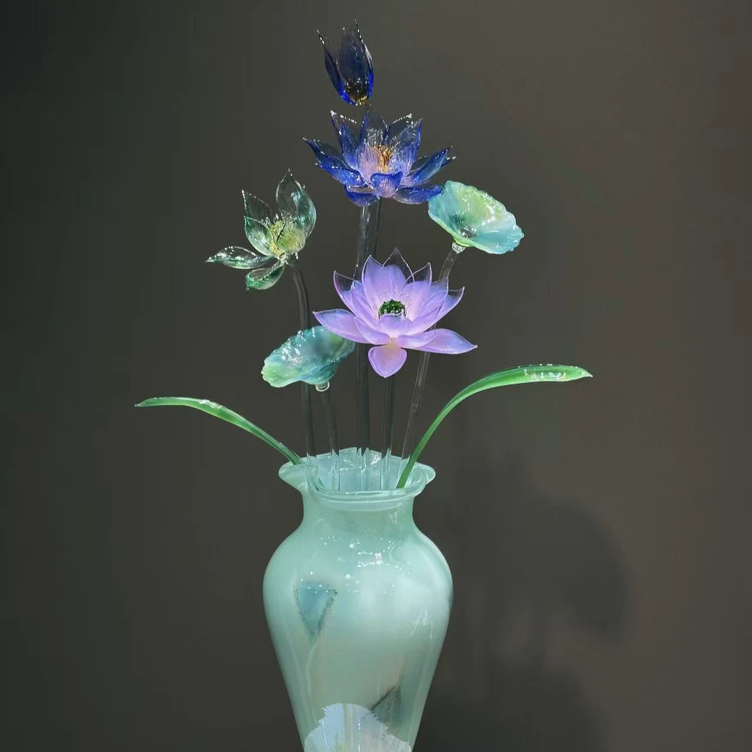 琉璃荷花玄关客厅茶桌导台摆件高端礼品轻奢手工