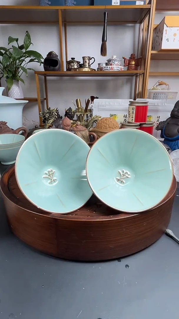 汝窑开片可养斗笠杯2个