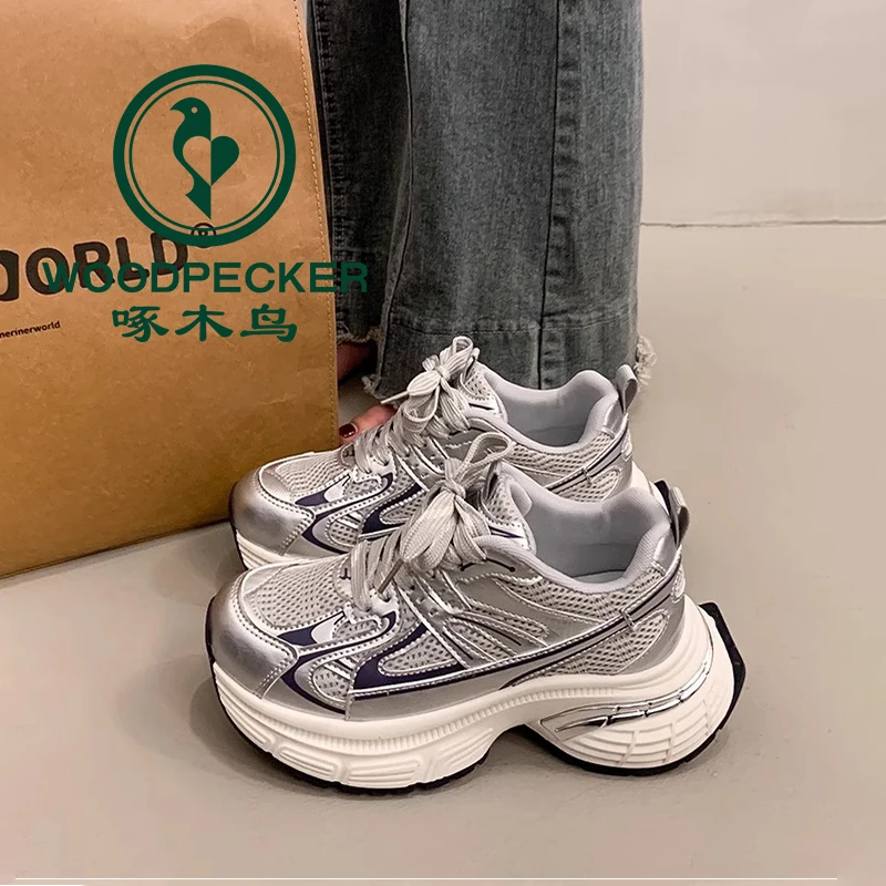 啄木鸟爆款老爹鞋女款小个子增高2025新款春秋超火银色休闲运动鞋