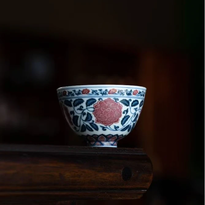 勤义堂青花釉里红缠枝牡丹鸡心杯纯手工手绘复古名窑陶瓷主人杯