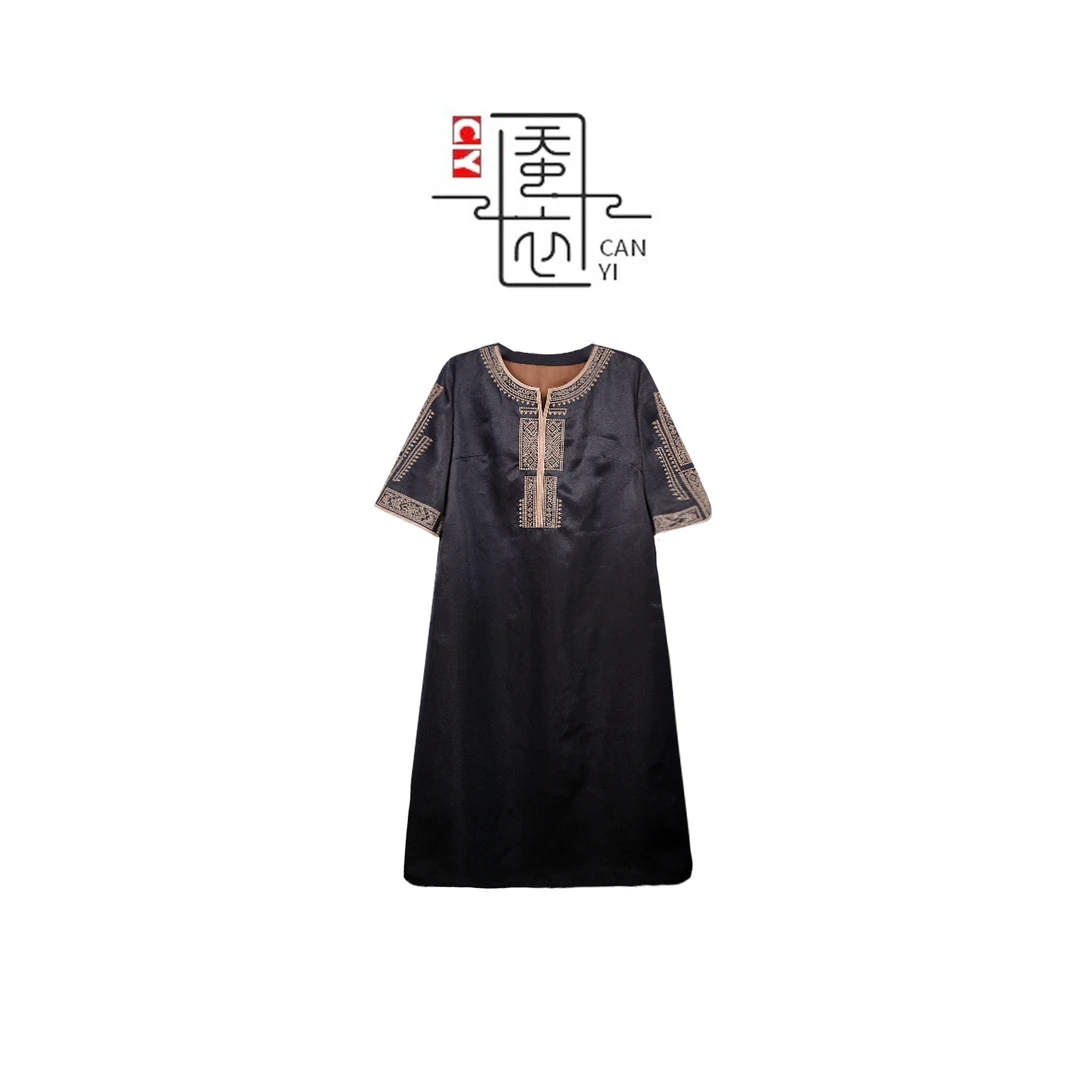 【逢春】新中式夏季满分桑蚕丝黑胶稠5分袖连衣裙85051