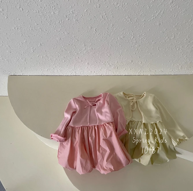 小熊妮女童开衫花苞连衣裙两件套 10187 黄色 粉色