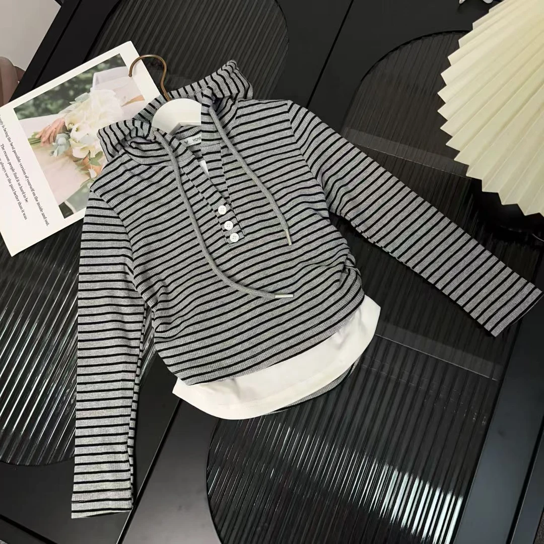 女童春秋款连帽打底衫长袖T恤中大童时髦洋气条纹假两件上衣