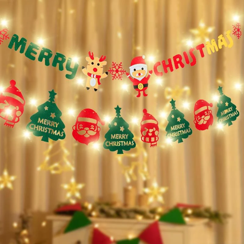 新款圣诞节装饰品挂件圣诞老人拉旗拉花吊旗挂饰橱窗场景布置彩旗