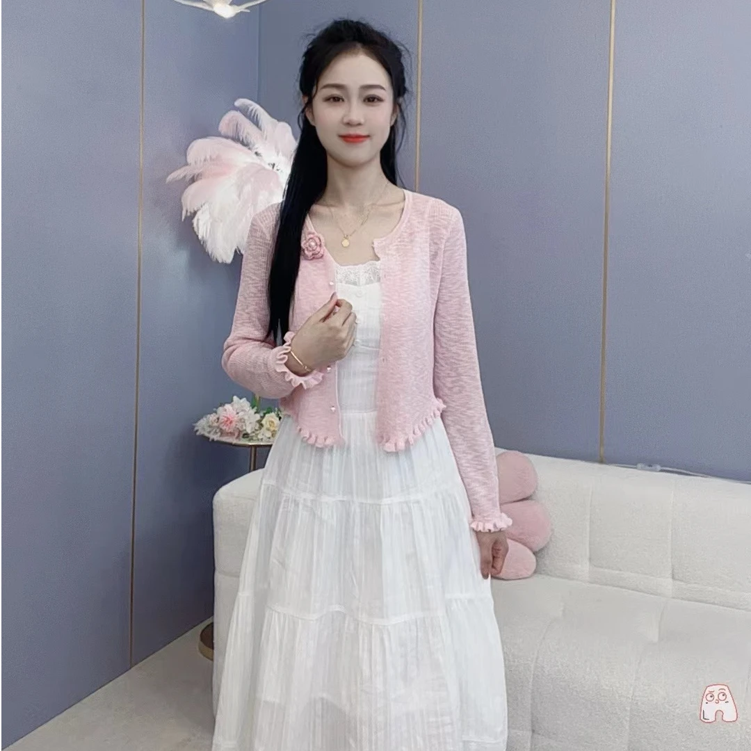 【芊朵 】 白色短款吊带裙温柔风甜美设计感开衫针织长袖百搭两件套