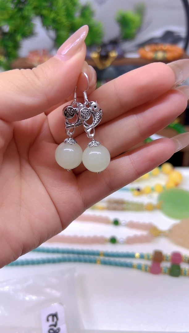 和田玉（白玉）银S925镶嵌耳饰E783
