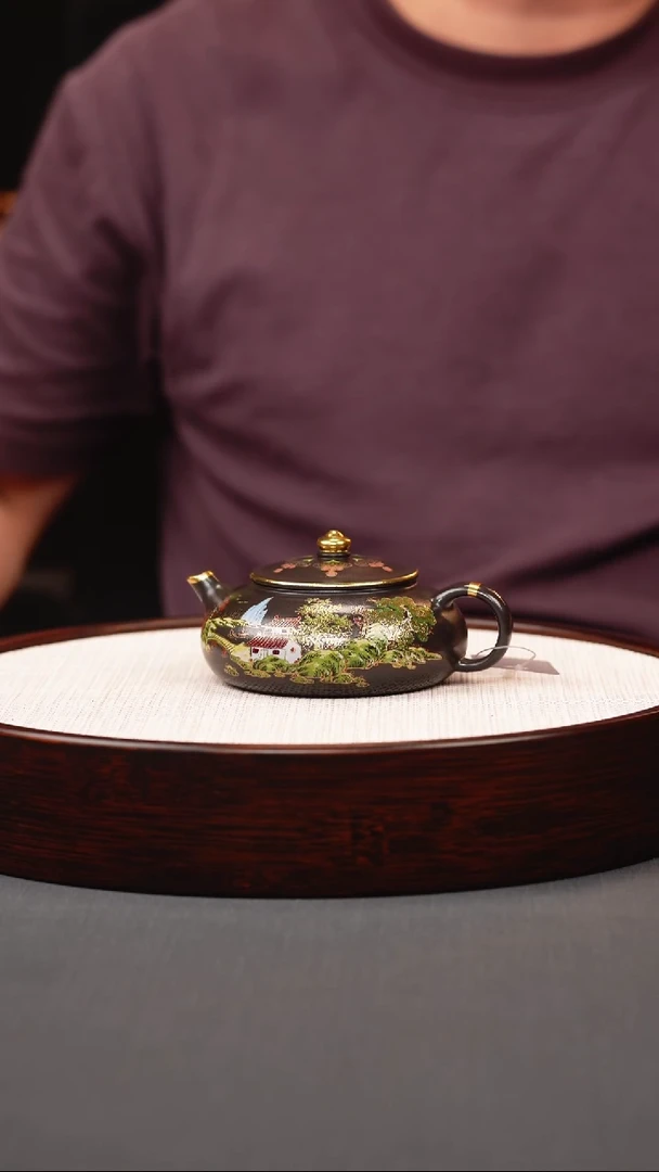 茶壶紫砂石黄珐琅彩山水寒江