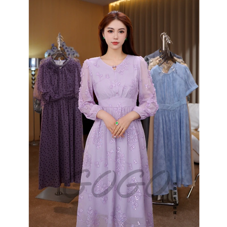 紫藤花语 G6027轻奢连衣裙2025春季新款时尚洋气减龄显瘦中长款裙