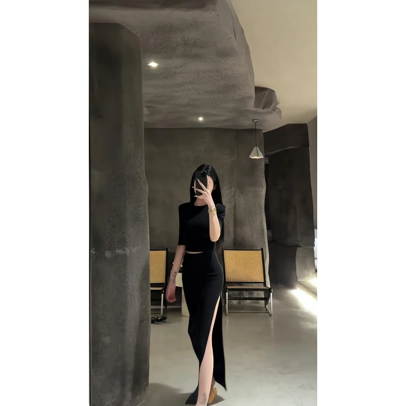 INS CEC时尚套装修身显瘦短款T恤女夏季辣妹低腰休闲拖地裤子女