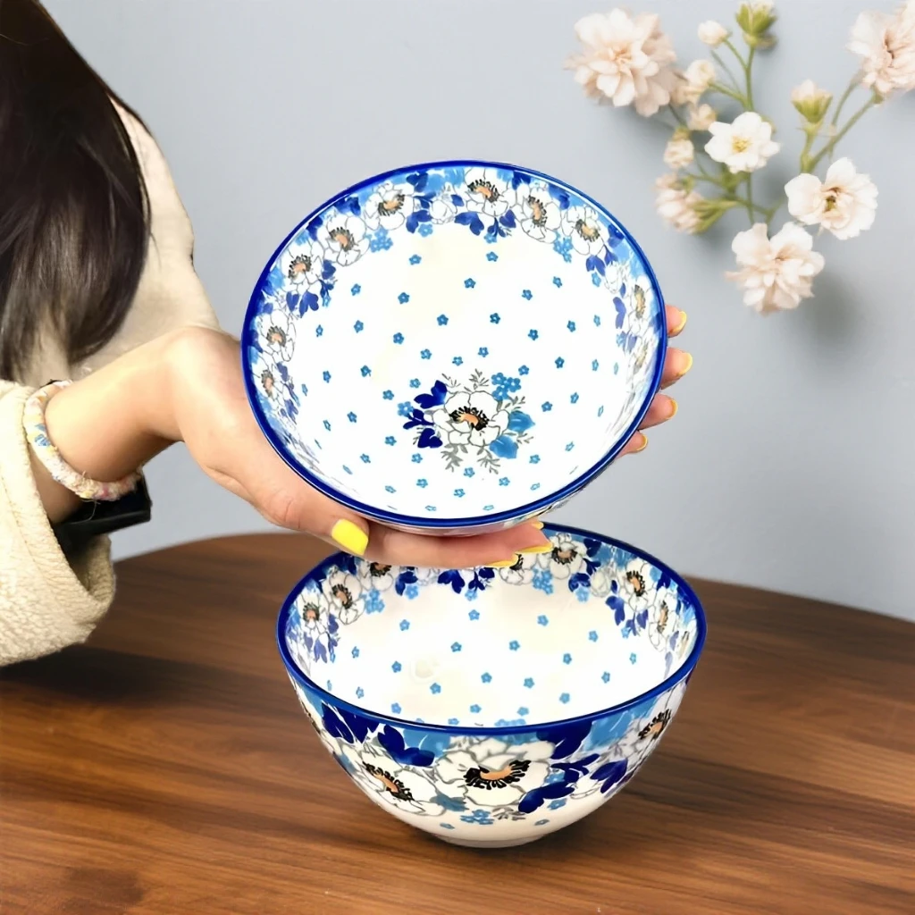 1高温瓷釉下彩靛蓝花园6英寸面碗家用创意手绘耐热粥碗