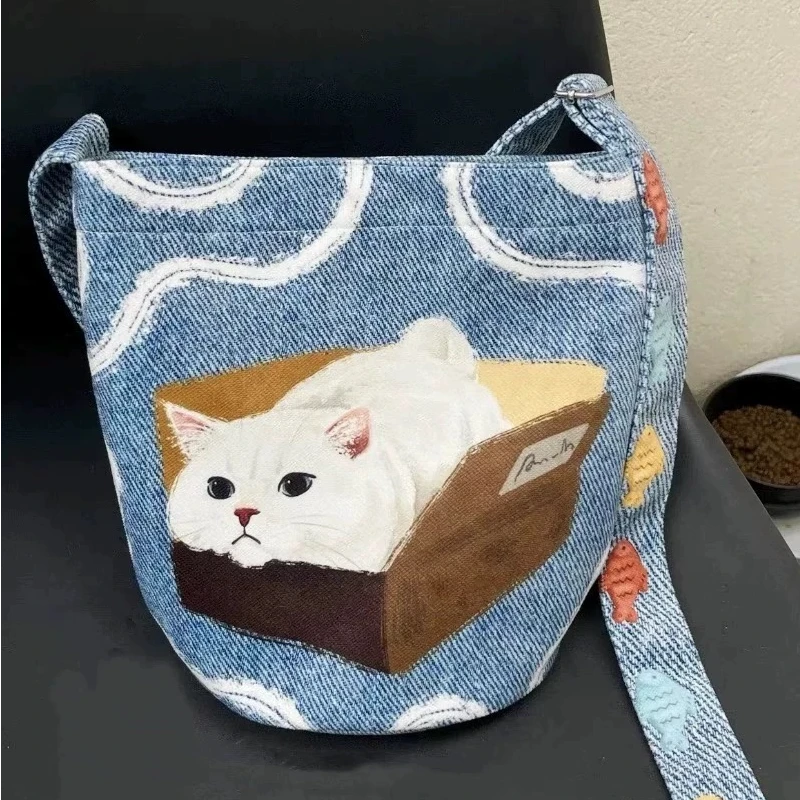 2025韩系小众设计感慵懒风帆布包大容量可爱时尚松弛感猫猫单肩包
