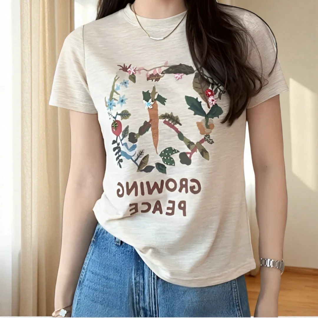 设计感印花休闲圆领短袖T恤女夏季2025新款减龄百搭时尚圆领上衣