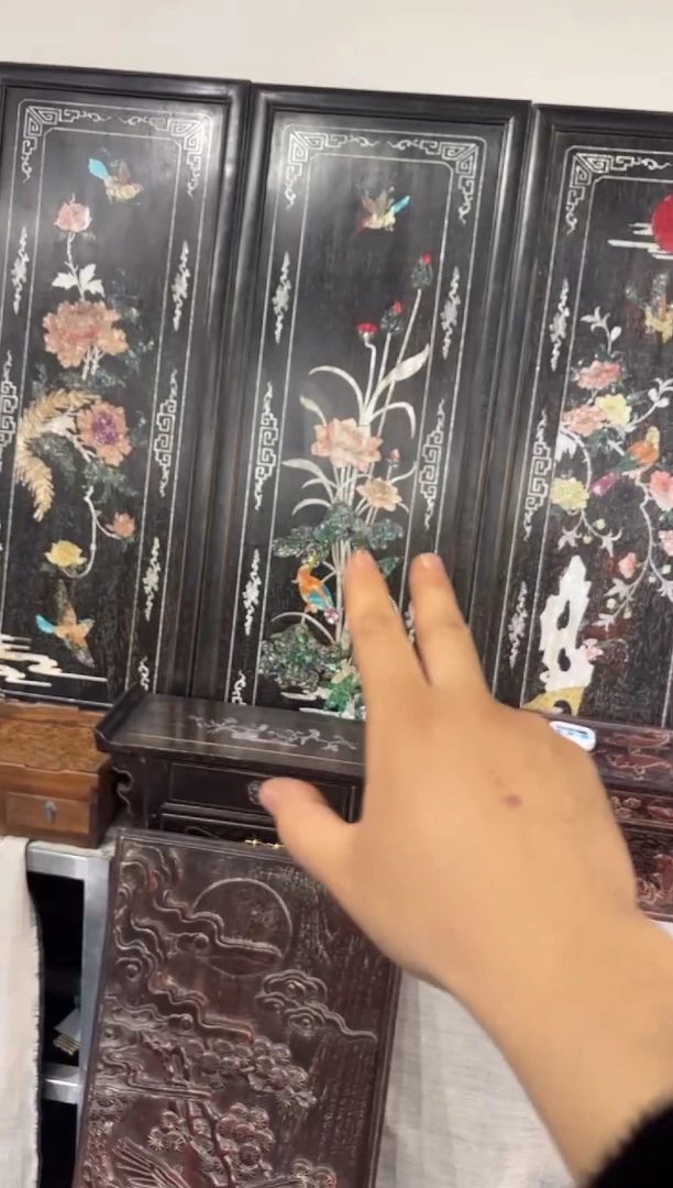 木水**水紫檀镶嵌花鸟四联屏