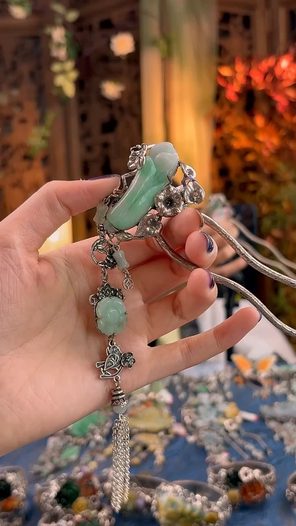 银S925镶嵌挂件翡翠发簪