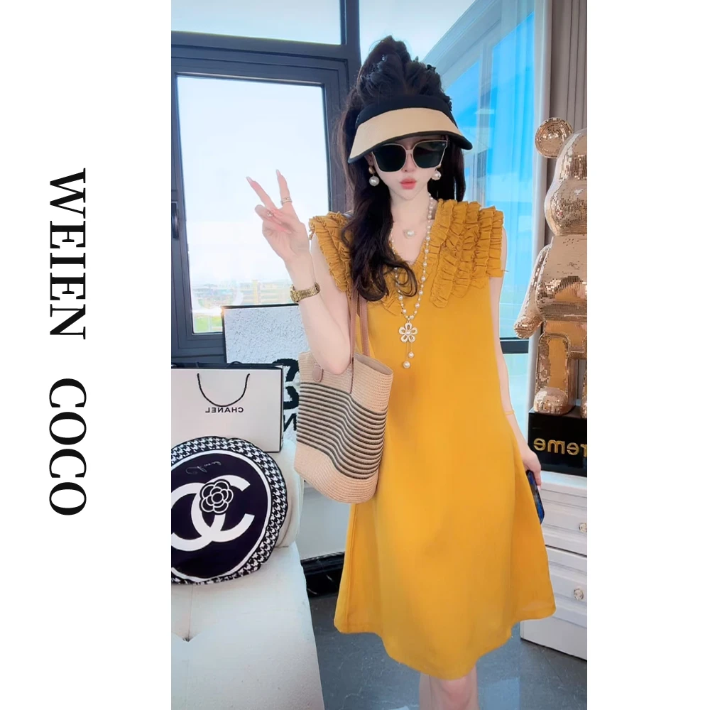 【薇恩COCO】时尚镂空连衣裙花瓣领无袖气质夏季中长款女裙K4871