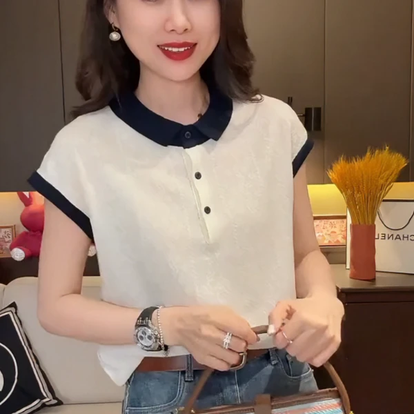 撞色polo领冰丝针织T恤女夏季大码胖MM显瘦时尚洋气短袖学生上衣