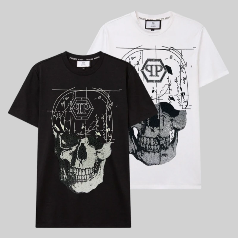 2025新款轻奢潮流男士圆领半袖透气重工烫钻数码喷印高级潮牌T恤