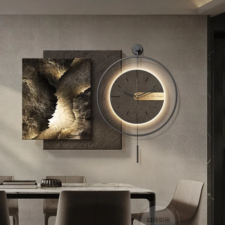 抽象餐厅装饰画现代轻奢高级感餐桌背景墙钟表挂画立体砂岩肌理画
