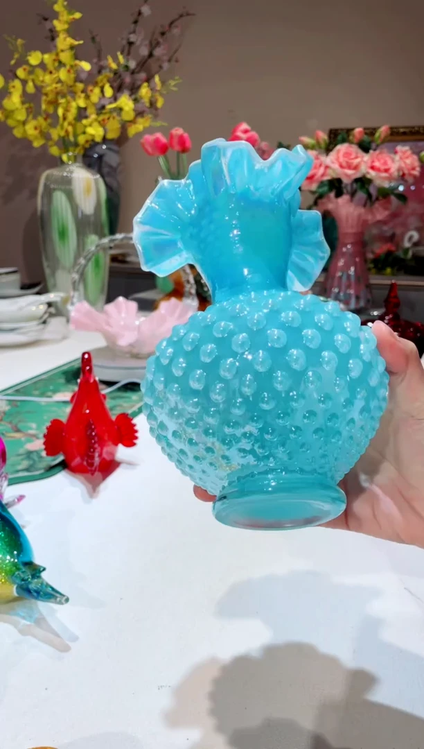 【闪购商品】琉璃手工艺品天蓝色钉钉花瓶  微瑕