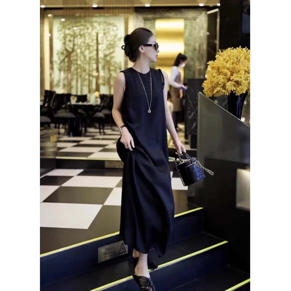 名媛风无袖优雅气质夏季连衣裙显瘦中长款港风朋克风宽松纯色时尚