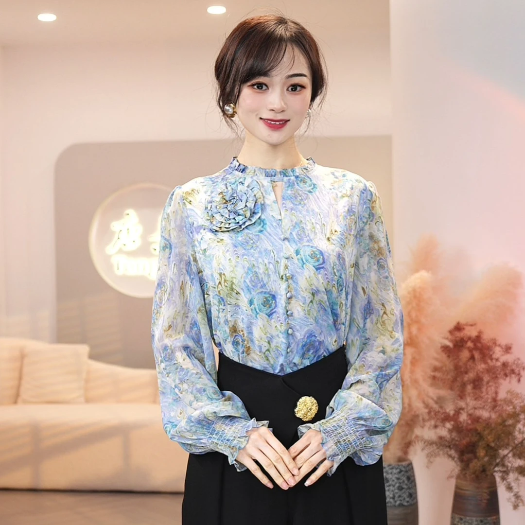 现货2025春季新款【309】气质法式优雅高级感上衣碎花洋气长袖衬衫