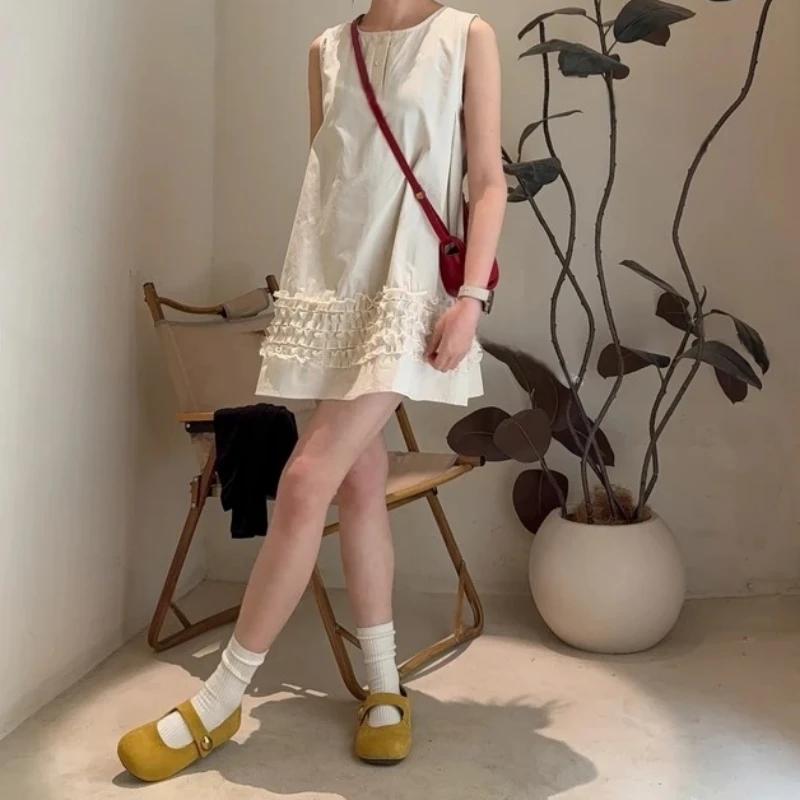 【奶油芝士】夏季显瘦白色无袖连衣裙上衣花边背心裙甜美设计感9631