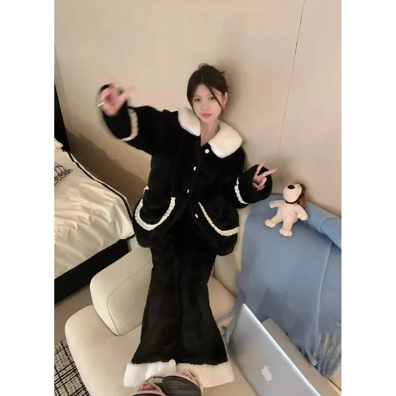 法式小香风珊瑚绒睡衣新款爆款冬季加绒加厚家居服加厚法兰绒套装