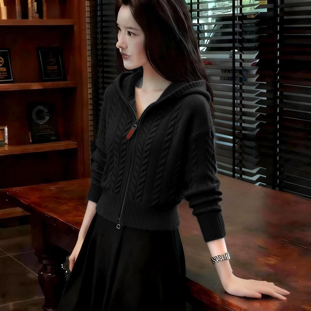 时尚轻熟风针连帽针织开衫女秋冬新款麻花纹休闲百搭软糯毛衣上衣