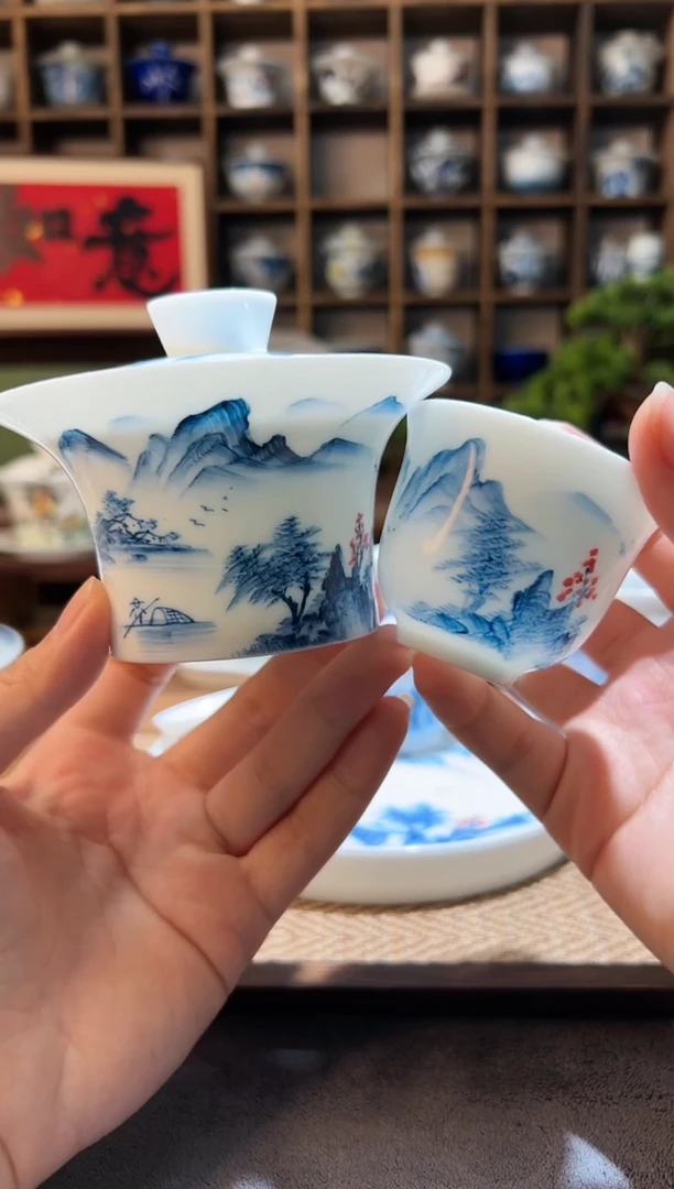 【闪购商品】手绘山水马蹄盖碗+送主人杯