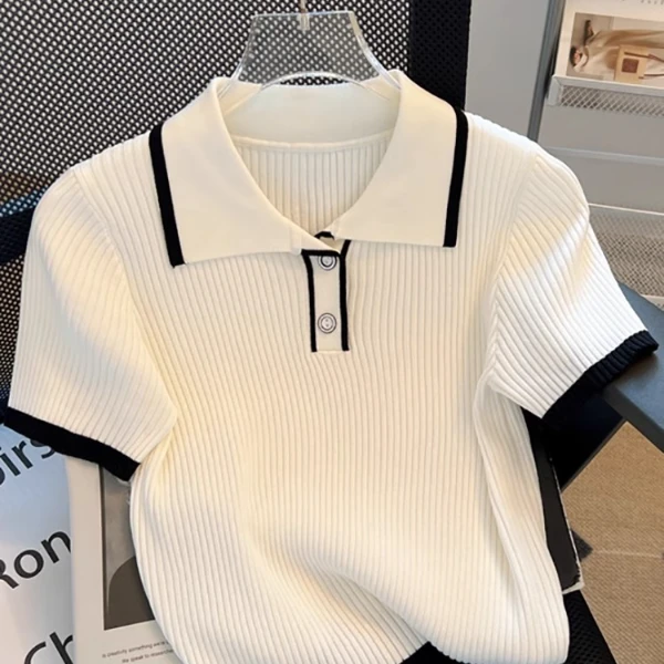 小香风Polo领白色短款针织短袖t恤女夏季薄款网红小个子正肩上衣