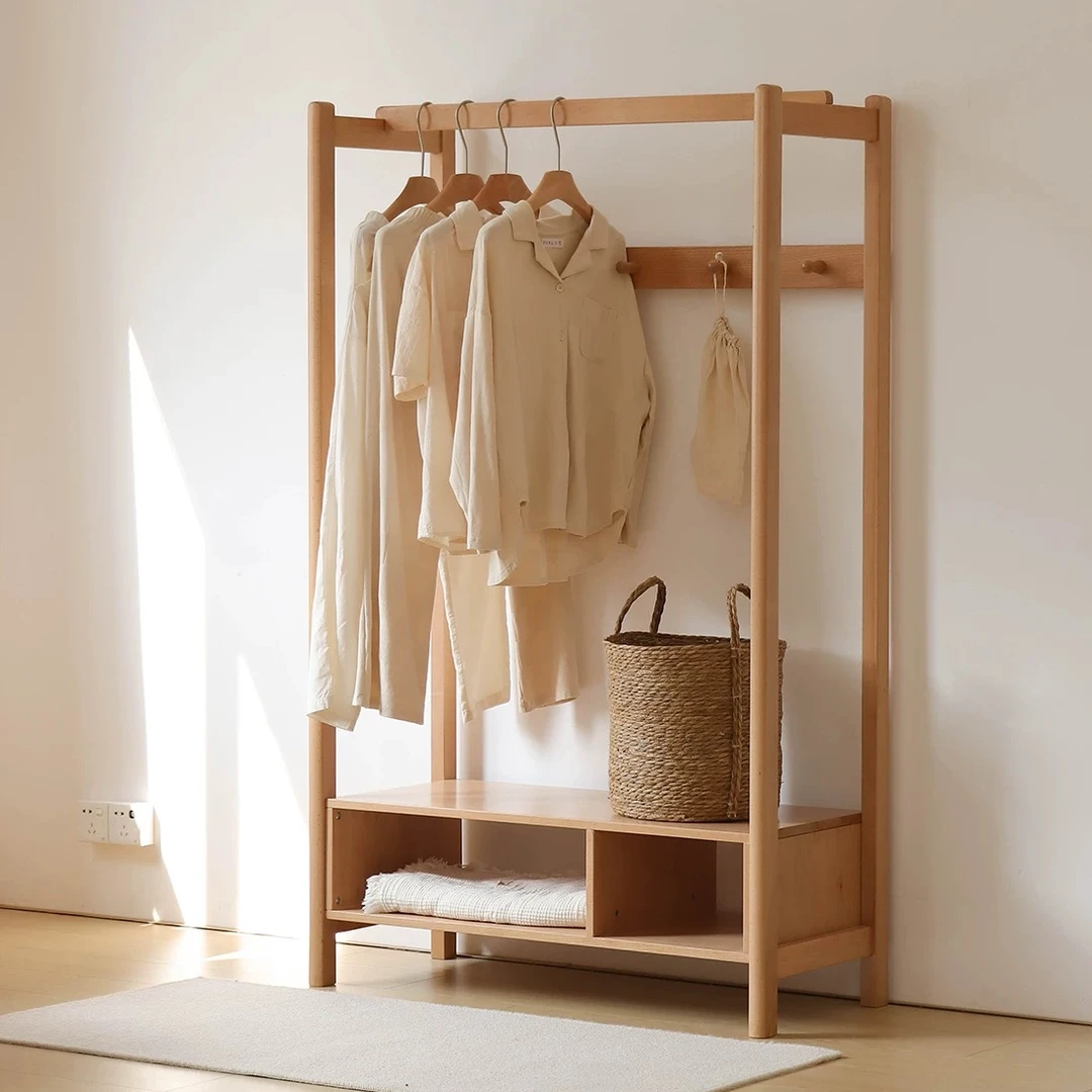 儿童衣帽架全实木榉木挂衣架家用卧室书房小户型木质简易简约衣柜